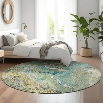 8' Teal Gold And Gray Abstract Washable Round Rug With UV Protection