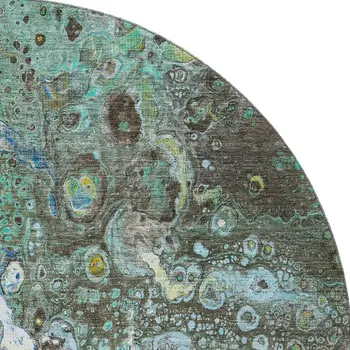 8' Teal Gold And Gray Abstract Washable Round Rug With UV Protection