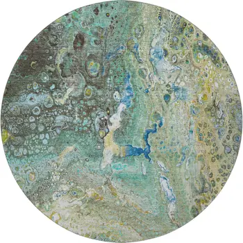 8' Teal Gold And Gray Abstract Washable Round Rug With UV Protection