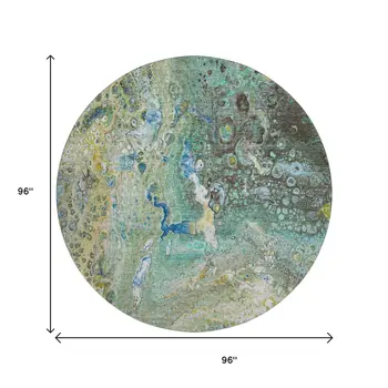 8' Teal Gold And Gray Abstract Washable Round Rug With UV Protection