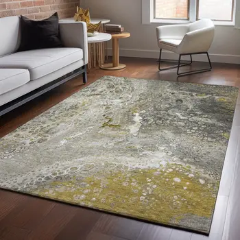 3' X 5' Taupe Ivory And Gold Abstract Washable Area Rug With UV Protection