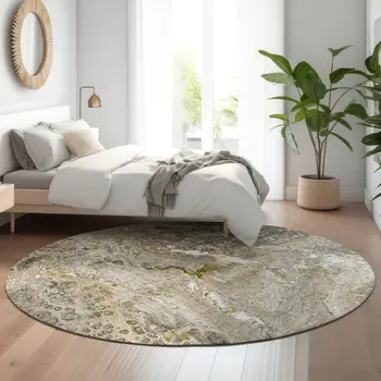 8' Taupe Ivory And Gold Abstract Washable Round Rug With UV Protection