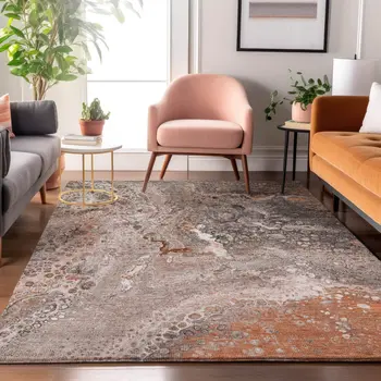 5' X 8' Terra Cotta Ivory And Gray Abstract Washable Area Rug With UV Protection