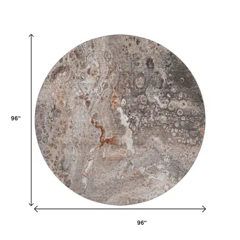 8' Terra Cotta Ivory And Gray Abstract Washable Round Rug With UV Protection