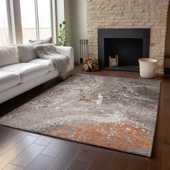 8' X 10' Terra Cotta Ivory And Gray Abstract Washable Area Rug With UV Protection