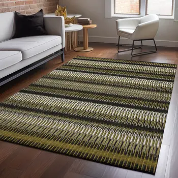 9' X 12' Brown Black And Ivory Striped Washable Area Rug With UV Protection