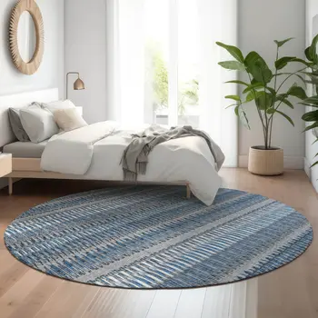 8' Blue And Ivory Striped Washable Round Rug With UV Protection