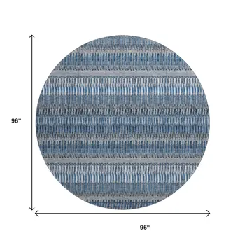 8' Blue And Ivory Striped Washable Round Rug With UV Protection