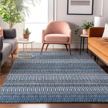 8' X 10' Blue And Ivory Striped Washable Area Rug With UV Protection