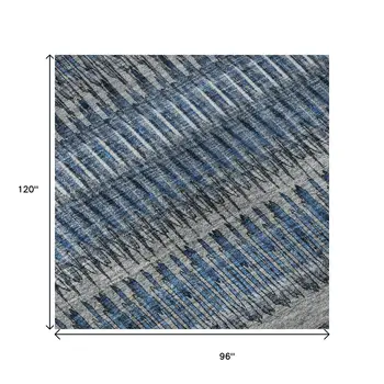 8' X 10' Blue And Ivory Striped Washable Area Rug With UV Protection