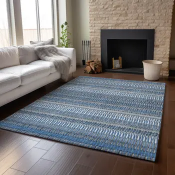 9' X 12' Blue And Ivory Striped Washable Area Rug With UV Protection
