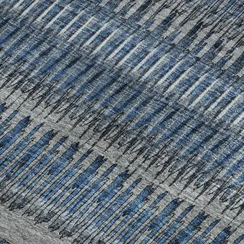 9' X 12' Blue And Ivory Striped Washable Area Rug With UV Protection