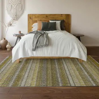 5' X 8' Coffee Ivory And Gray Striped Washable Area Rug With UV Protection