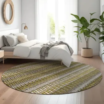 8' Coffee Ivory And Gray Striped Washable Round Rug With UV Protection