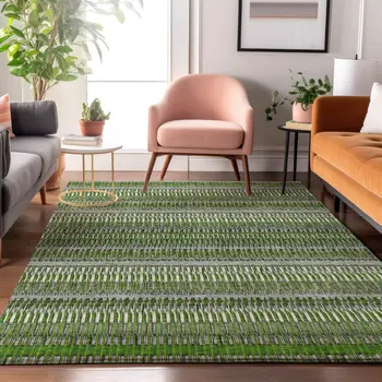 5' X 8' Green Ivory And Gray Striped Washable Area Rug With UV Protection