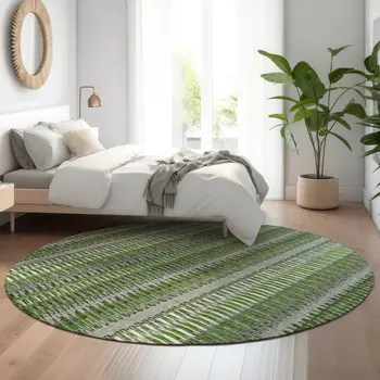 8' Green Ivory And Gray Striped Washable Round Rug With UV Protection