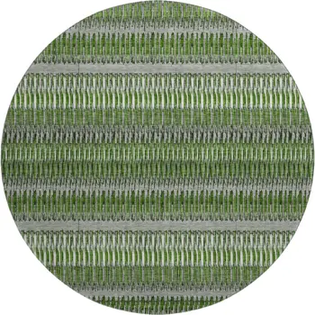 8' Green Ivory And Gray Striped Washable Round Rug With UV Protection