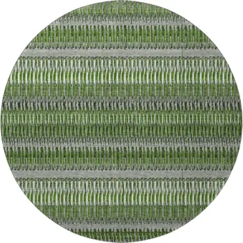 8' Green Ivory And Gray Striped Washable Round Rug With UV Protection