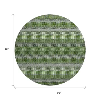 8' Green Ivory And Gray Striped Washable Round Rug With UV Protection