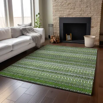 8' X 10' Green Ivory And Gray Striped Washable Area Rug With UV Protection
