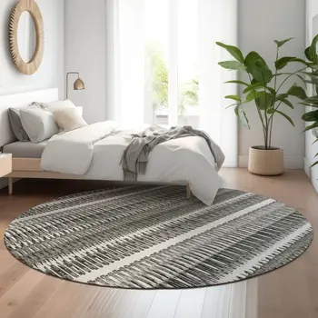 8' Gray And Ivory Striped Washable Round Rug With UV Protection