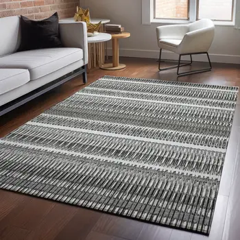 8' X 10' Gray And Ivory Striped Washable Area Rug With UV Protection