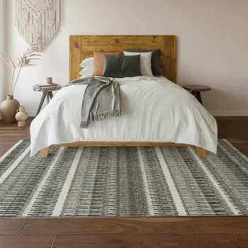 8' X 10' Gray And Ivory Striped Washable Area Rug With UV Protection