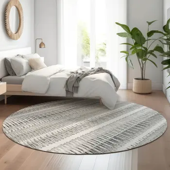 8' Ivory And Gray Striped Washable Round Rug With UV Protection