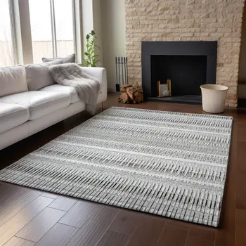 9' X 12' Ivory And Gray Striped Washable Area Rug With UV Protection