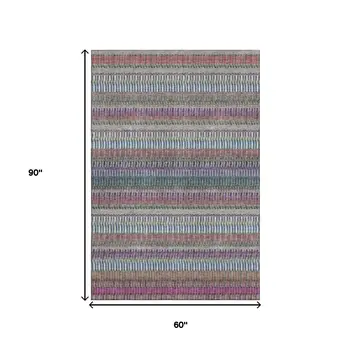 5' X 8' Taupe Purple And Blue Striped Washable Area Rug With UV Protection