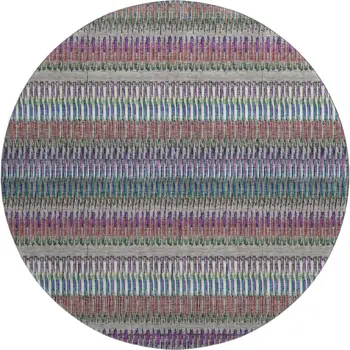 8' Taupe Purple And Blue Striped Washable Round Rug With UV Protection