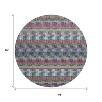 8' Taupe Purple And Blue Striped Washable Round Rug With UV Protection