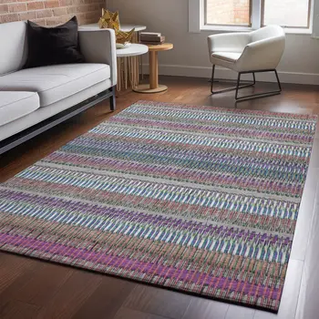 10' X 14' Taupe Purple And Blue Striped Washable Area Rug With UV Protection