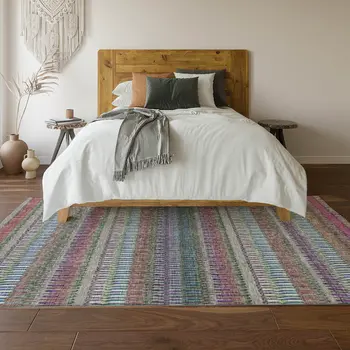 10' X 14' Taupe Purple And Blue Striped Washable Area Rug With UV Protection