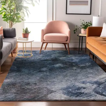 3' X 5' Blue Black And Gray Abstract Washable Area Rug With UV Protection