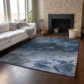 3' X 5' Blue Black And Gray Abstract Washable Area Rug With UV Protection