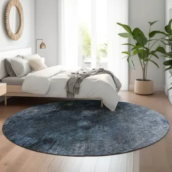 8' Blue Black And Gray Abstract Washable Round Rug With UV Protection