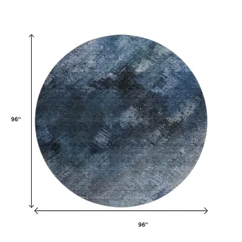 8' Blue Black And Gray Abstract Washable Round Rug With UV Protection