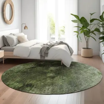 8' Green Gray And Charcoal Abstract Washable Round Rug With UV Protection
