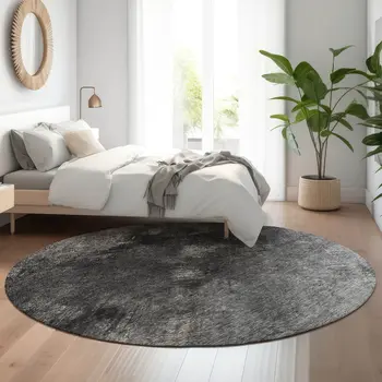 8' Gray Silver And Black Abstract Washable Round Rug With UV Protection