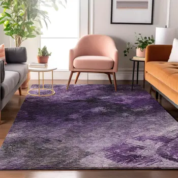 5' X 8' Purple Gray And Ivory Abstract Washable Area Rug With UV Protection