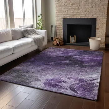 5' X 8' Purple Gray And Ivory Abstract Washable Area Rug With UV Protection