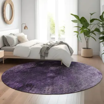 8' Purple Gray And Ivory Abstract Washable Round Rug With UV Protection