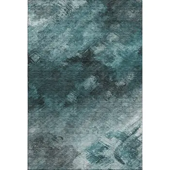 3' X 5' Teal Ivory And Gray Abstract Washable Area Rug With UV Protection