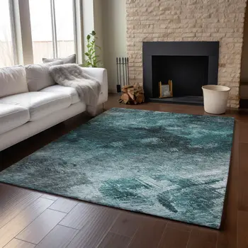 3' X 5' Teal Ivory And Gray Abstract Washable Area Rug With UV Protection