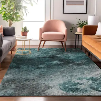 5' X 8' Teal Ivory And Gray Abstract Washable Area Rug With UV Protection