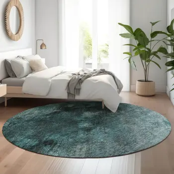 8' Teal Ivory And Gray Abstract Washable Round Rug With UV Protection