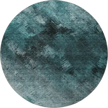 8' Teal Ivory And Gray Abstract Washable Round Rug With UV Protection