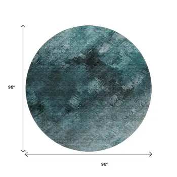 8' Teal Ivory And Gray Abstract Washable Round Rug With UV Protection