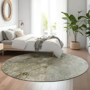 8' Taupe Ivory And Gray Abstract Washable Round Rug With UV Protection